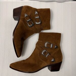 Frye Suede Western Buckle Ankle Boots Brown Size 8M Moto Harness Booties